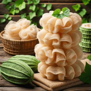 This image showcases a stack of biodegradable loofahs, emphasizing their eco-friendly and sustainable nature, set against a backdrop of green leaves and a wooden surface.