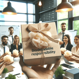 A professional photo capturing a corporate social responsibility event, where biodegradable loofahs are being distributed as gifts in a modern office setting, highlighting the company's commitment to sustainability.