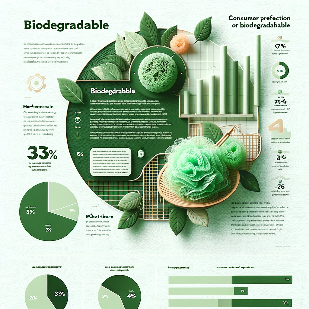 This infographic provides statistics about consumer preferences for eco-friendly products, with a focus on biodegradable loofahs, featuring pie charts and bar graphs in a green and earthy color scheme.