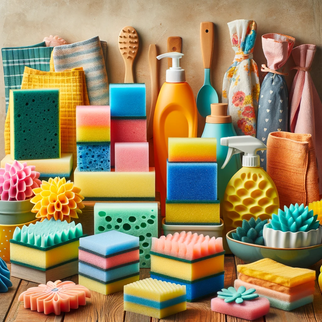 A neatly displayed assortment of dish cleaning sponges, including dishwashing pads and Swedish dishcloths.