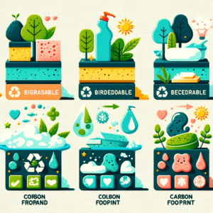 Infographic comparing the environmental impact of various dish cleaning sponges, including their biodegradability and carbon footprint.