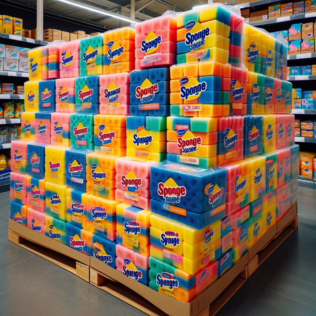 A display of colorful, individually wrapped kitchen sponges in bulk, emphasizing hygiene and convenience