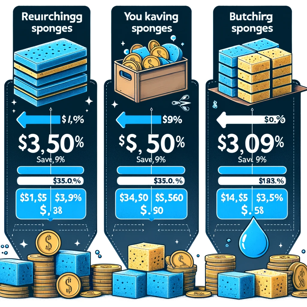 Infographic illustrating cost savings when purchasing kitchen sponges in different bulk quantities