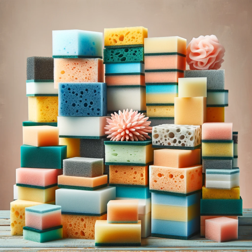 A variety of kitchen sponges in bulk, including cellulose, abrasive, and synthetic types