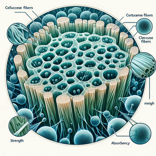 This detailed illustration showcases cellulose fibers at a microscopic level. It emphasizes their unique structure and texture, with labels pointing out the key properties of strength and absorbency.